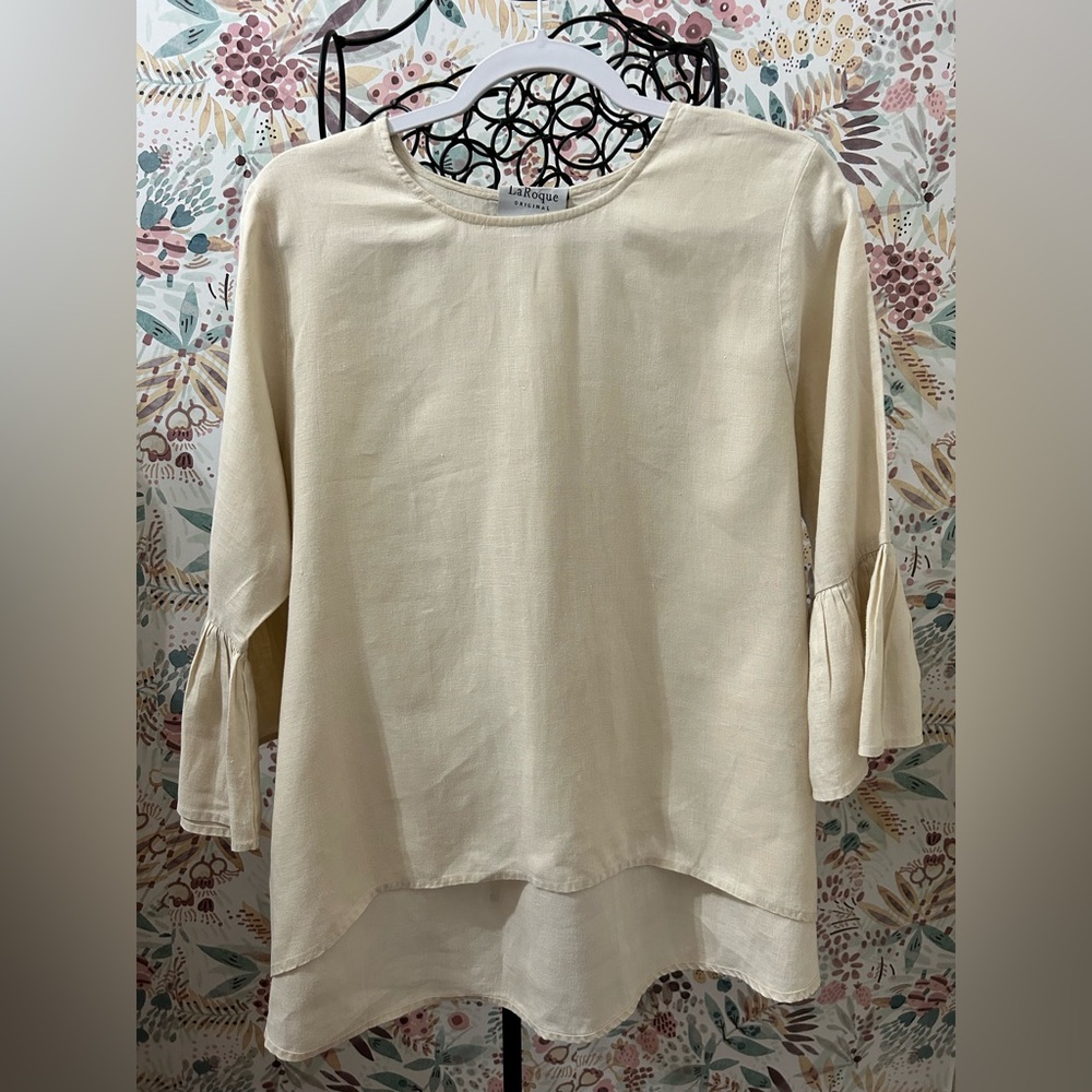 LaRoque Original Natural Cream Linen Designer Blouse | Ruffle Sleeve Top OS